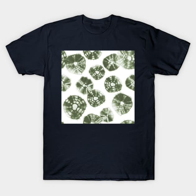 Shibori Kumo tie dye sage green dots over white T-Shirt by marufemia